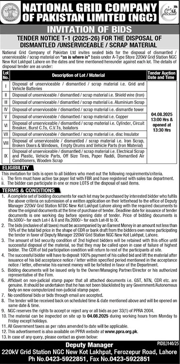 National Grid Company of Pakistan Limited Lahore Tender Notice